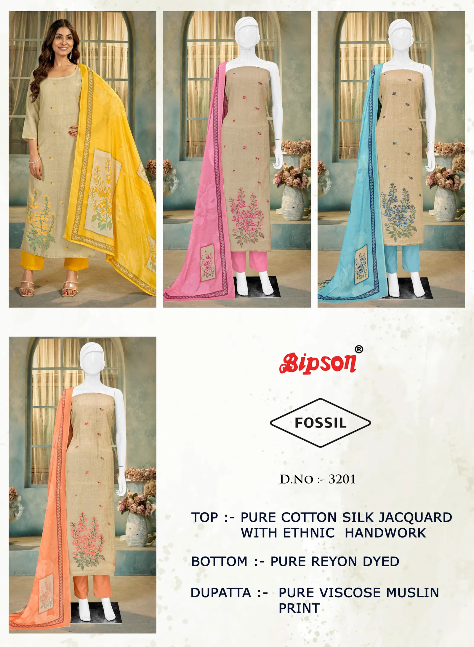 Fossil 3201 By Bipson Cotton Silk Wholesale Dress Material In India